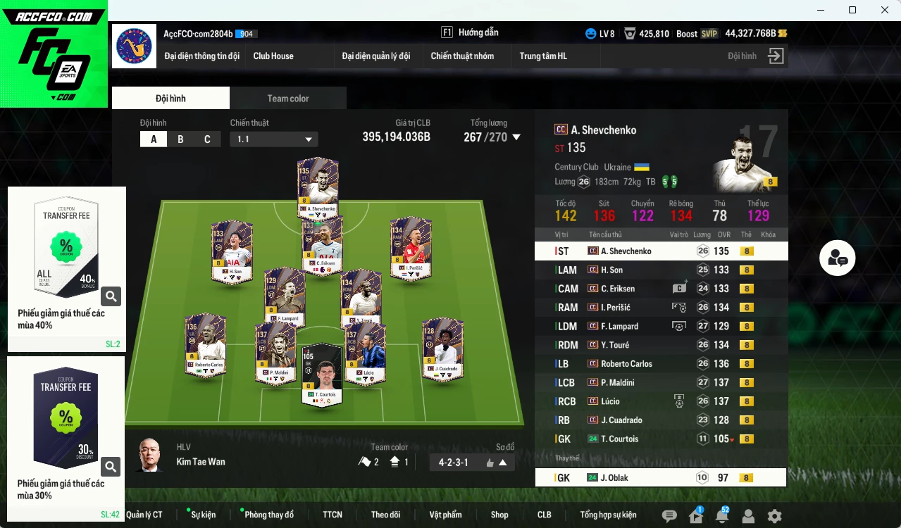 [Dư nhiều BP, ACC Rẻ🔥] Full mùa CC+8 395.190b dư 44.000b có Maldini, Lúcio, Sheva, Lampard, Perisic, Carlos, Y. Touré, H. Son, Eriksen, Cuadrado CC+8 . Còn nhiều CP GIẢM THUẾ, HLV Xịn